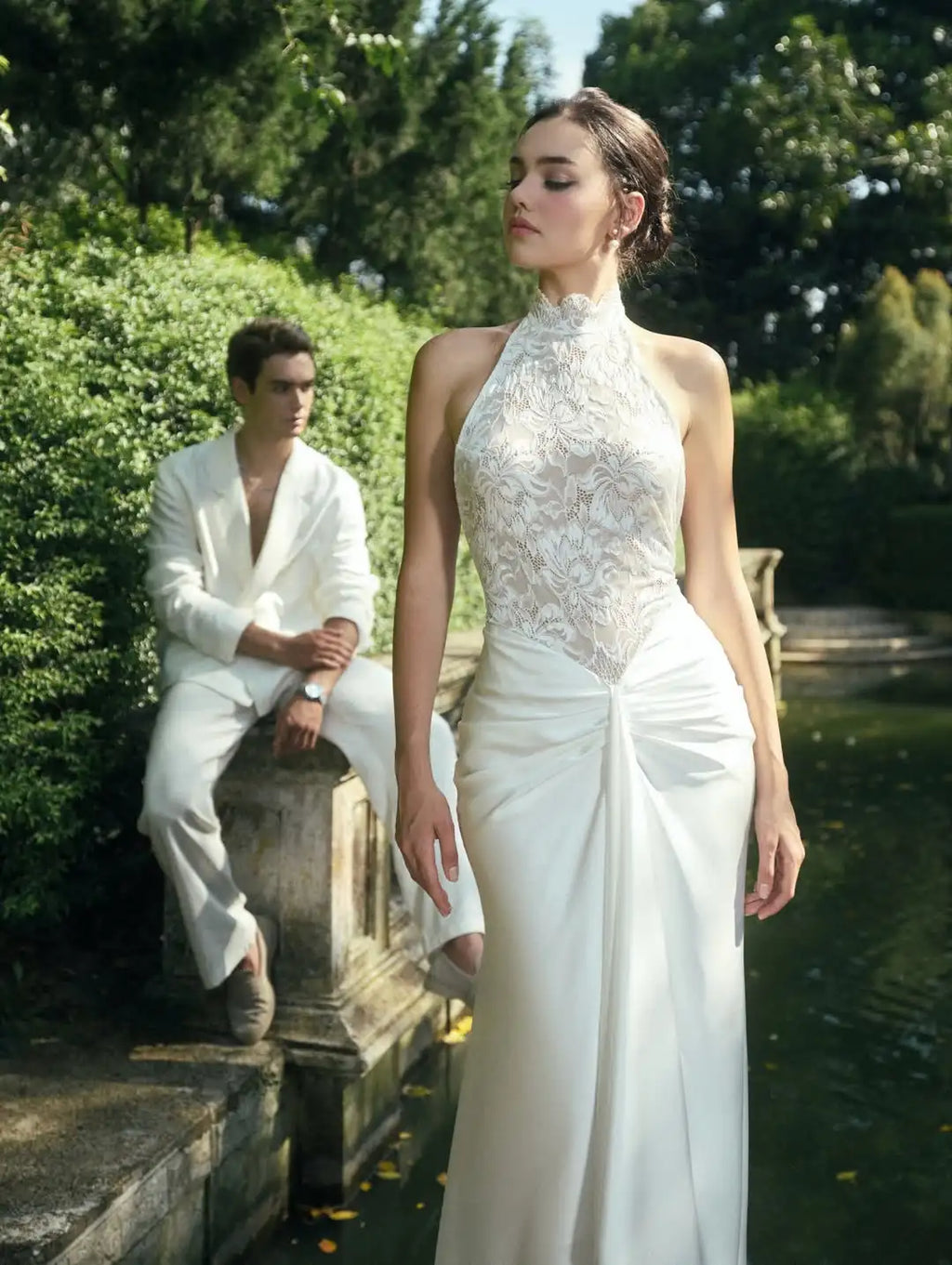 Custom High Neck Halter Lace Satin Mermaid Wedding Dress For Women Deep Open Back Twisted Waist Floor Length Bridal Gown