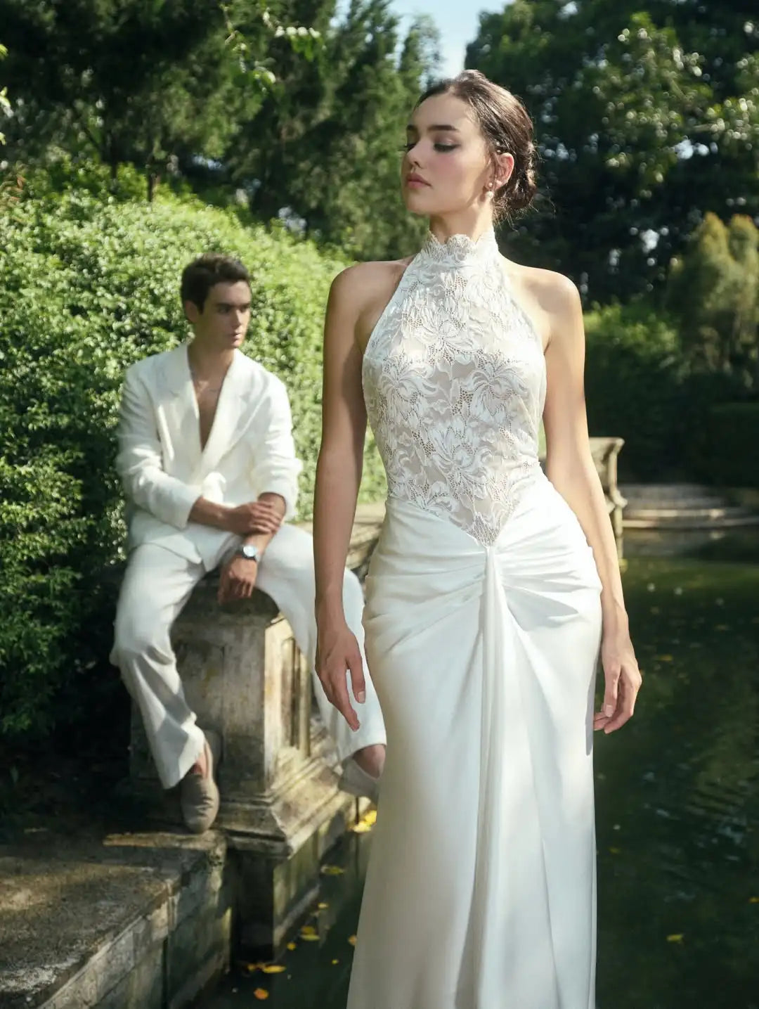 Custom High Neck Halter Lace Satin Mermaid Wedding Dress For Women Deep Open Back Twisted Waist Floor Length Bridal Gown