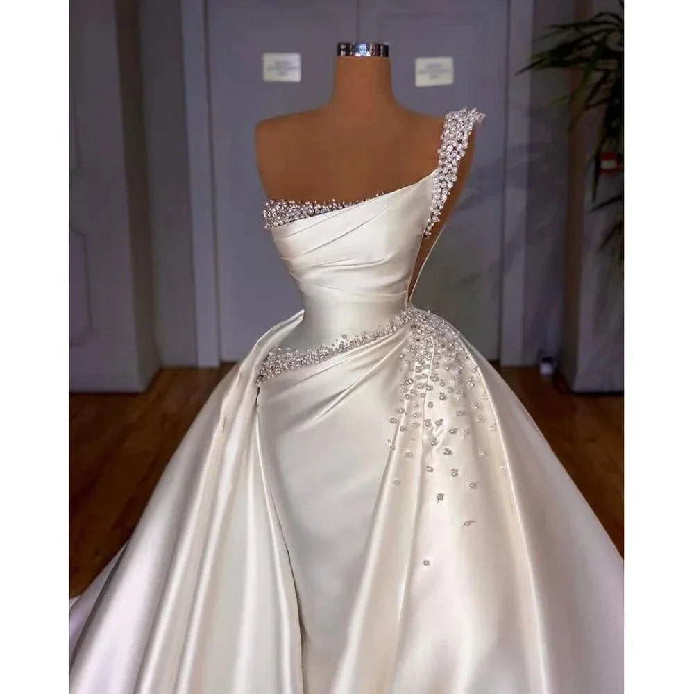 Satin Pearls Wedding Dresses for Bride 2025 Luxury Mermaid One Shoulder Bead with Detachable Skirt Africa Bridal Gowns Customize