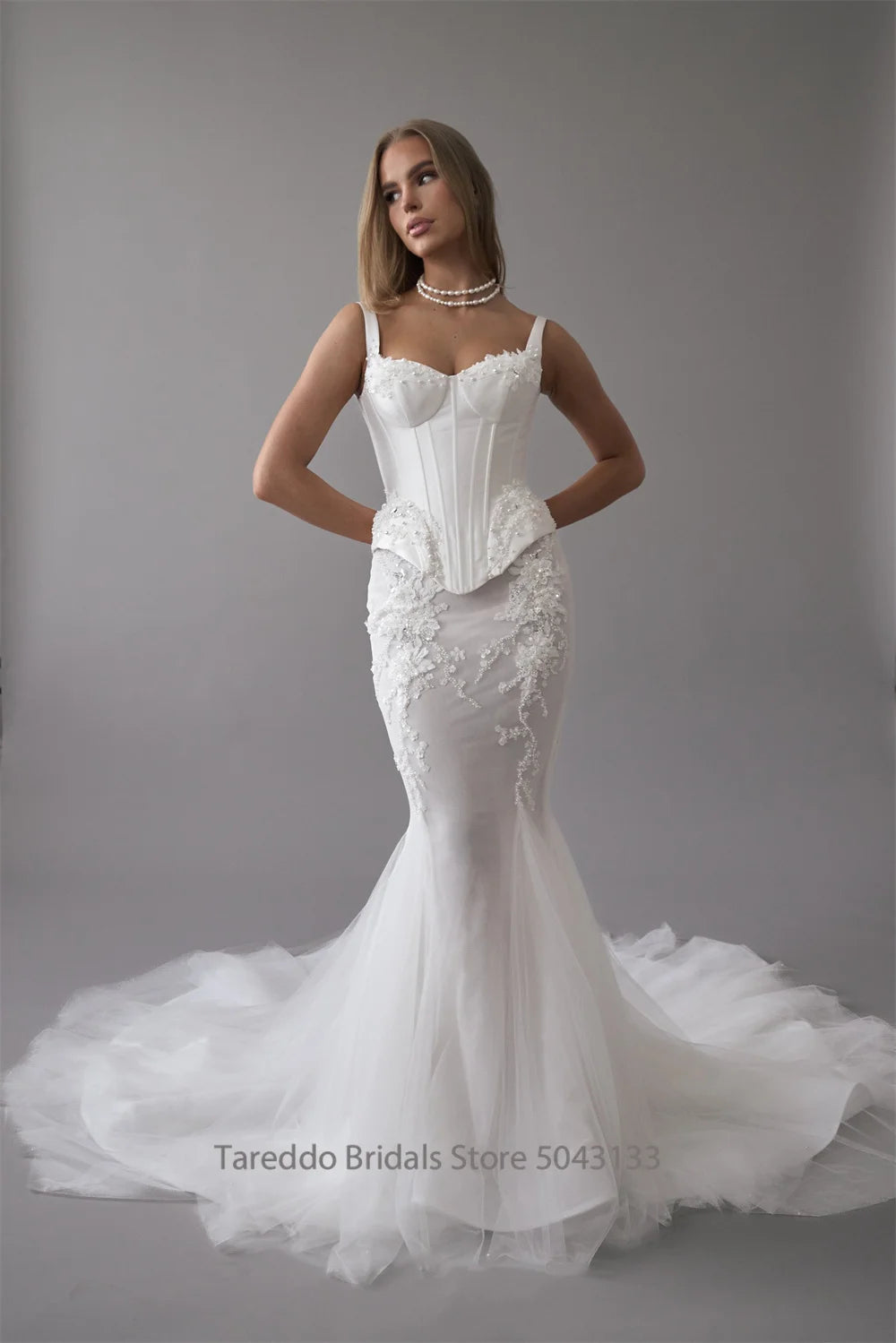 Customized Mermaid Satin Bridal Dress with 3D Lace Details Tulle Overlay Wedding Dress Sparkling Beading vestidos de noche