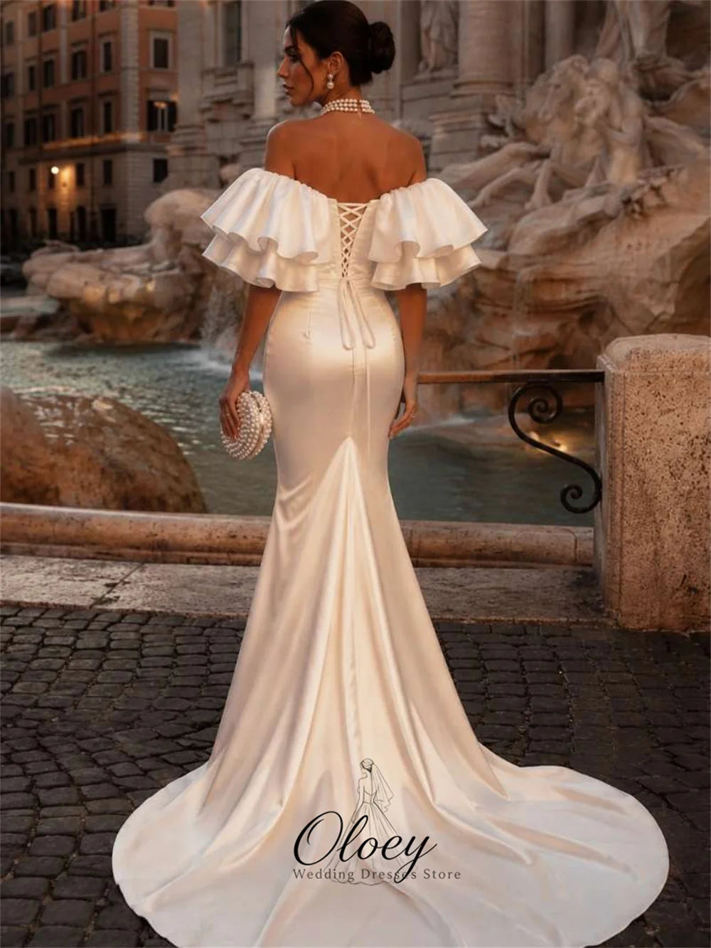 OLOEY 2026 Customized Elegant Satin Bridal Gown Off The Shoulder Ruffle Mermaid Wedding Dresses For Woman Vestidos De Novia