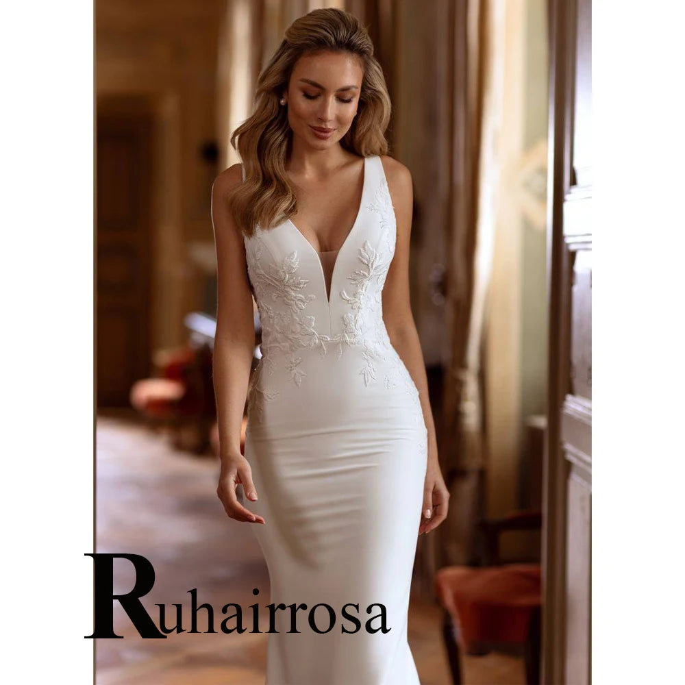 Ruhair Sexy Backless Mermaid Wedding Dresses For Women Appliques Lace V-Neck Tank Button Satin Customized Vestidos De Novia