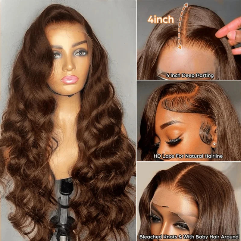 Body Wave 34 Inch 13x4 Chocolate Brown HD Lace Front Wigs Human Hair Brazilian Colored 13X4 Transparent Lace Front Wig Body Wave