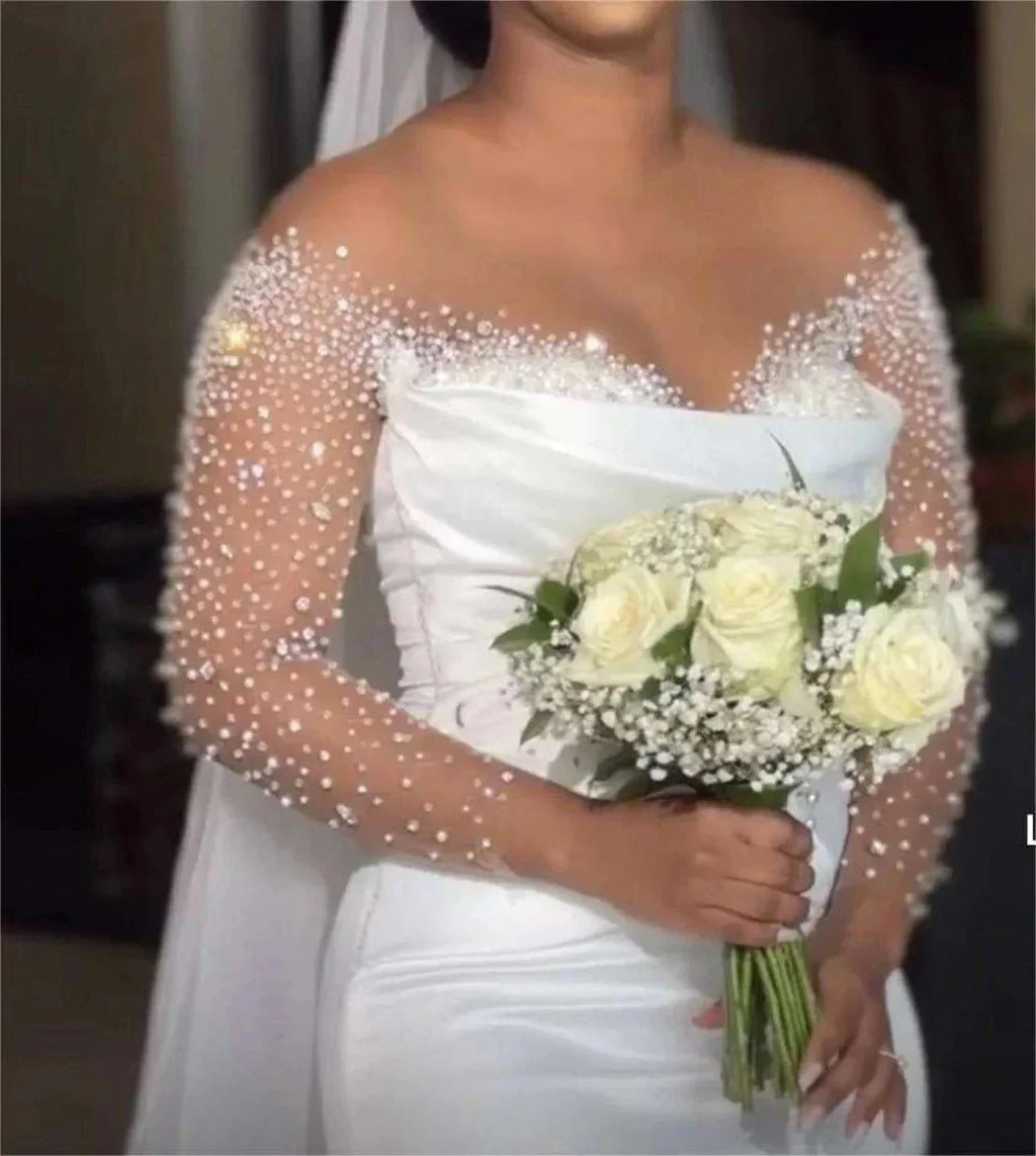 Customized Hot Sale African Wedding Dress Detachable Train Sheer Neck Long Sleeves Heavy Handwork Beads Satin Bride Gowns Vestid