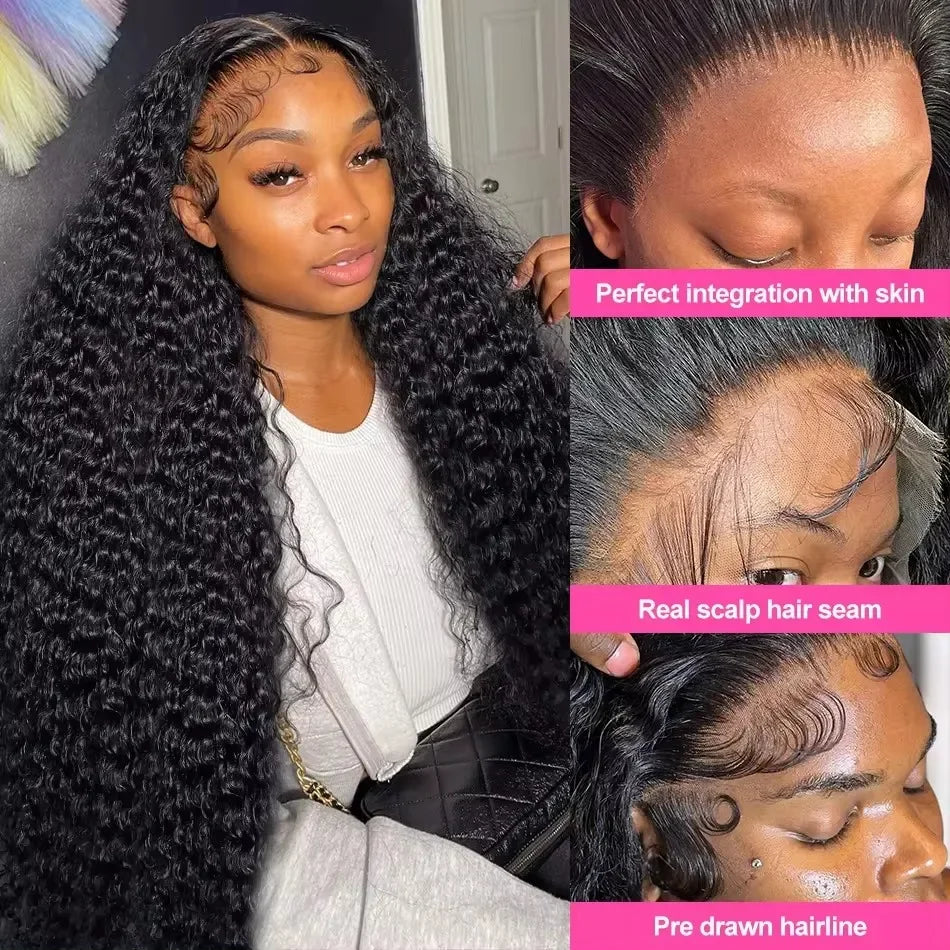 40 46 Inch Natural Color Deep Wave 13x4 13x6 HD Transparent Full Frontal Lace Curly Brazilian Human Hair Water Wigs 200 Density