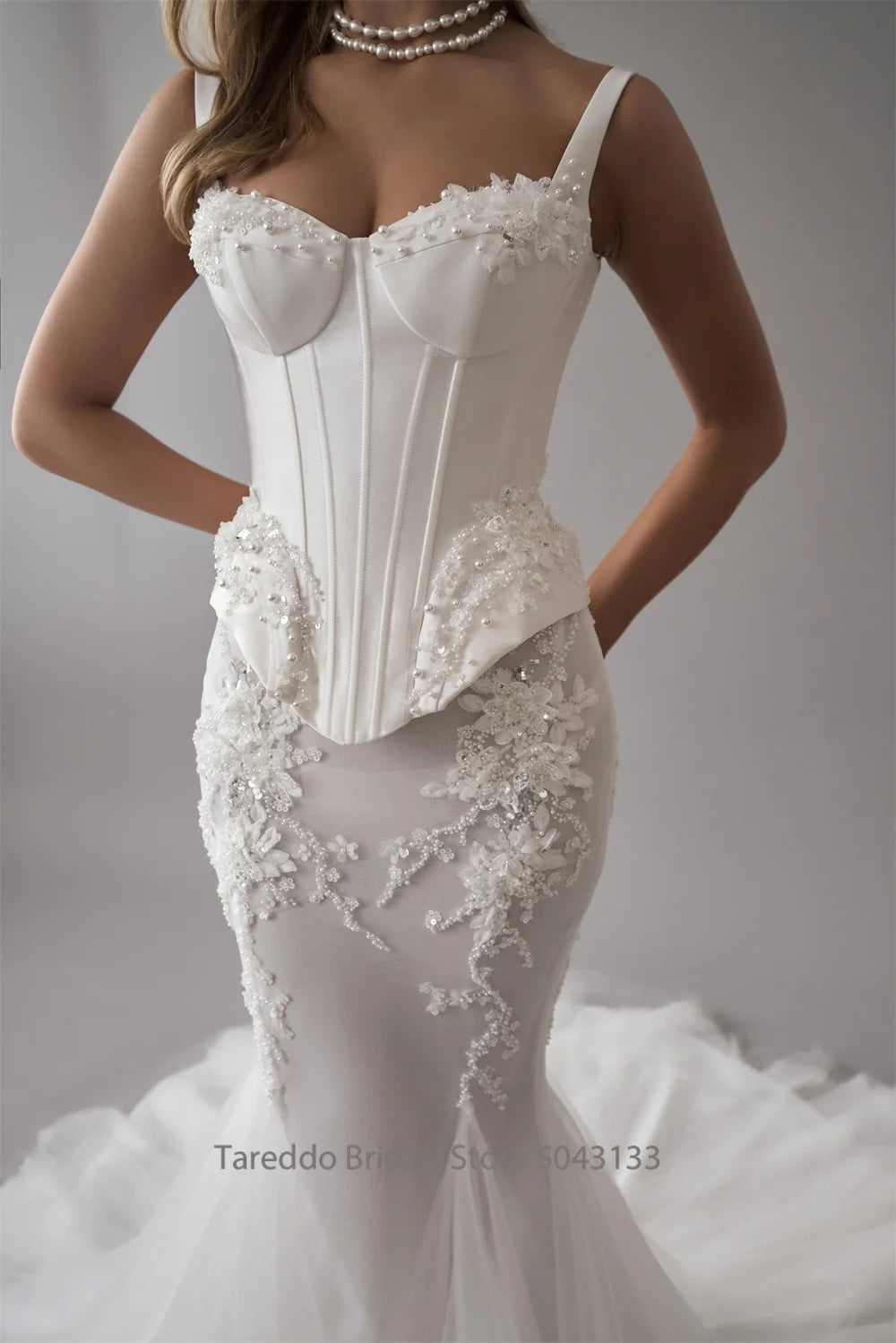 Customized Mermaid Satin Bridal Dress with 3D Lace Details Tulle Overlay Wedding Dress Sparkling Beading vestidos de noche