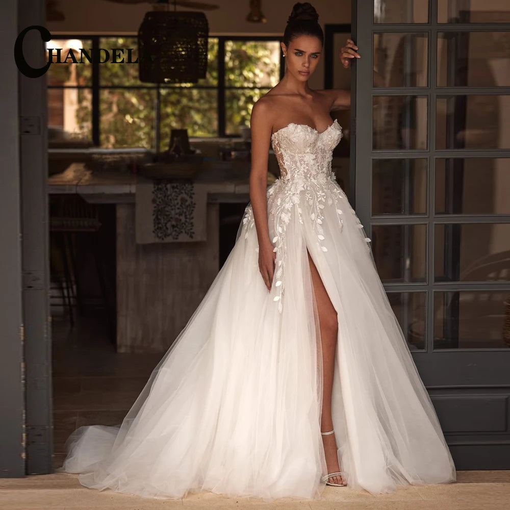 CHANDELA Wedding Dresses A Line Tulle Tiered Bridal Gowns Sexy Strapless Backless Robes Glamorous Vestidos De Novia Customized