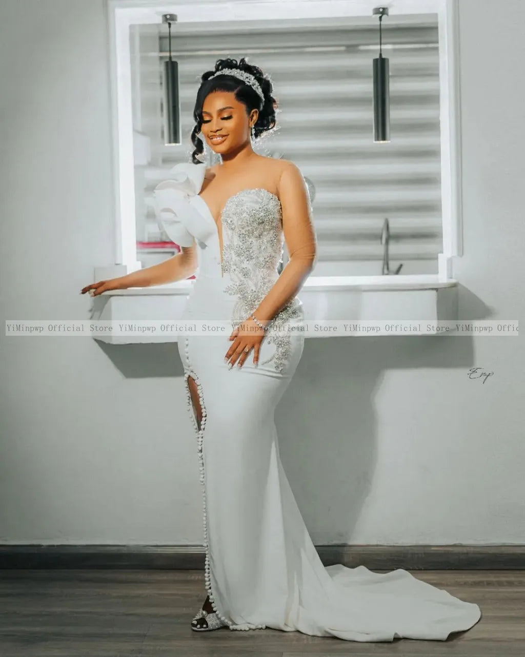 Nigeria Mermaid Wedding Dresses for Bride Sheer Neck Long Sleeve Side Split Ruffles Africa Bridal Reception Gowns Customized