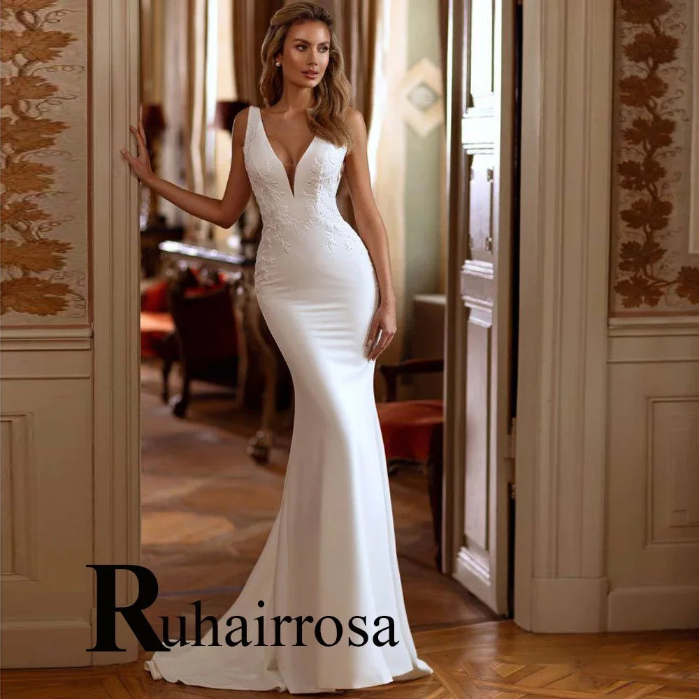 Ruhair Sexy Backless Mermaid Wedding Dresses For Women Appliques Lace V-Neck Tank Button Satin Customized Vestidos De Novia