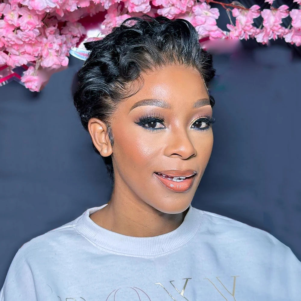 13*4 Lace Front Pixie Wig Human Hair Short Loose Curly Wigs Bouncy Brazilian Hair Left Side Part Remy Hair Lace Wig