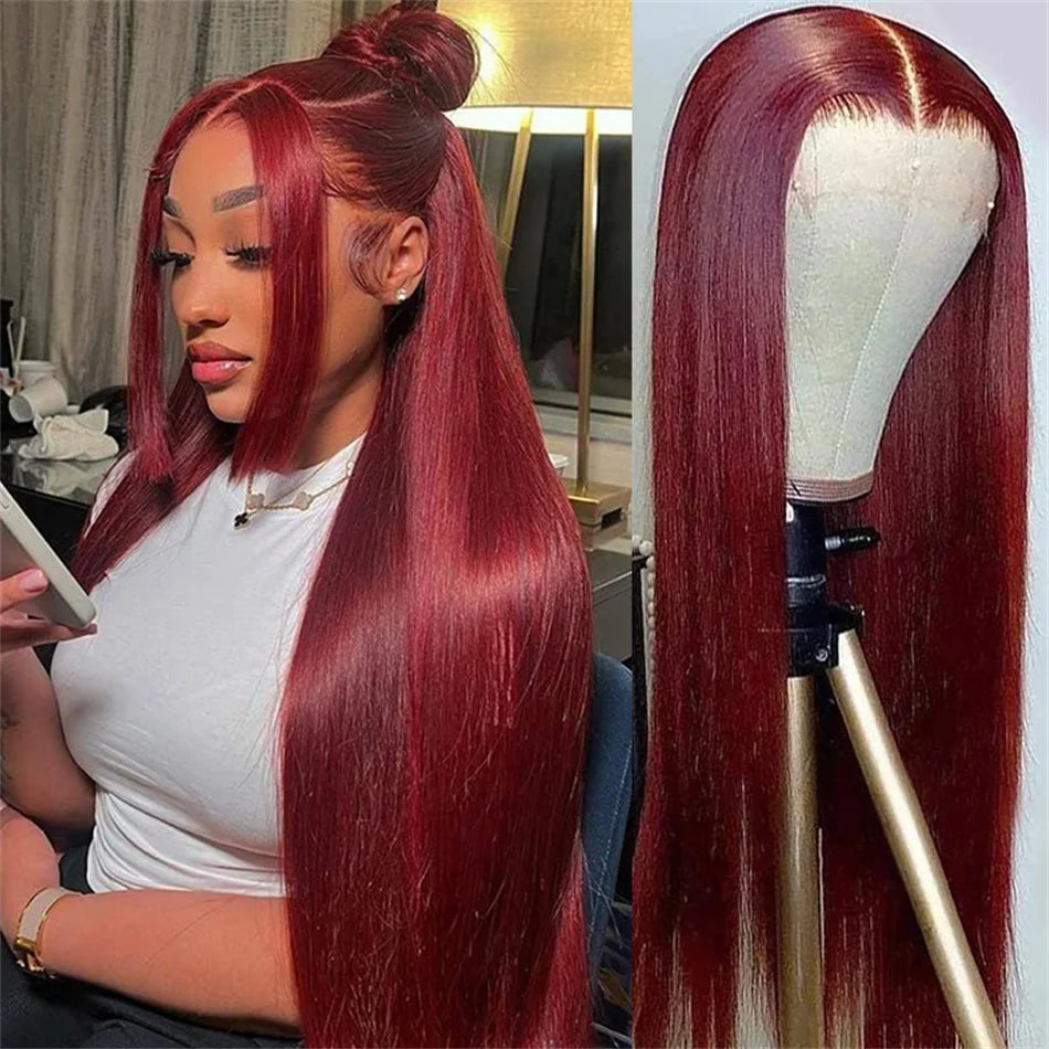 Burgundy Transparent Lace Frontal Human Hair Wig Pre Plucked Red 99J Straight Colored 13x4 Lace Front Human Hair Wigs For Women