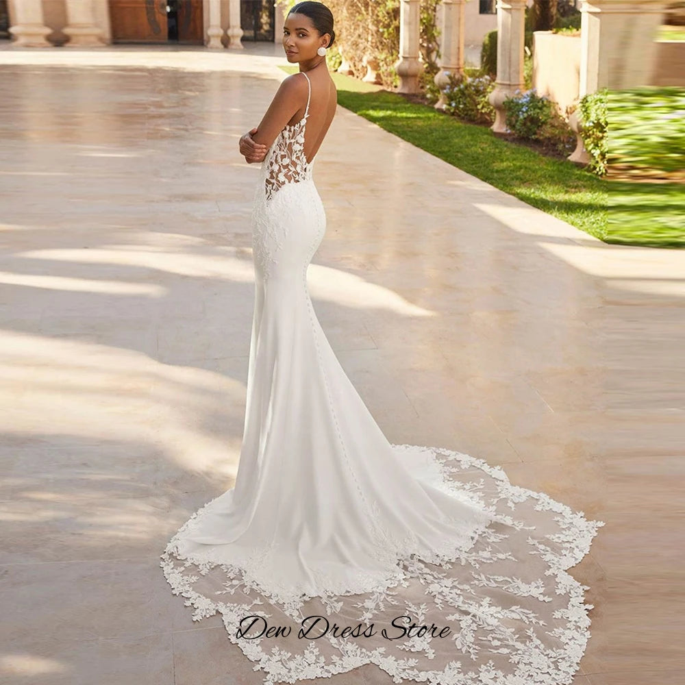 Sexy Deep V-neck Backless Wedding Dress Elegant Satin Mermaid Bridal Gown High Quality Tulle Appliques Customized Robe de mariée