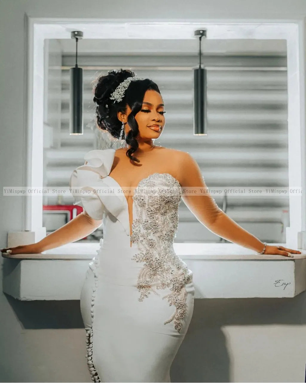Nigeria Mermaid Wedding Dresses for Bride Sheer Neck Long Sleeve Side Split Ruffles Africa Bridal Reception Gowns Customized