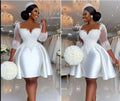 Customized Plus Size Wedding Desses South Arican Satin Lace Beaded 3/4 Long sleeve Nude Sheer Neck Short Bride Gown Bridal Dress