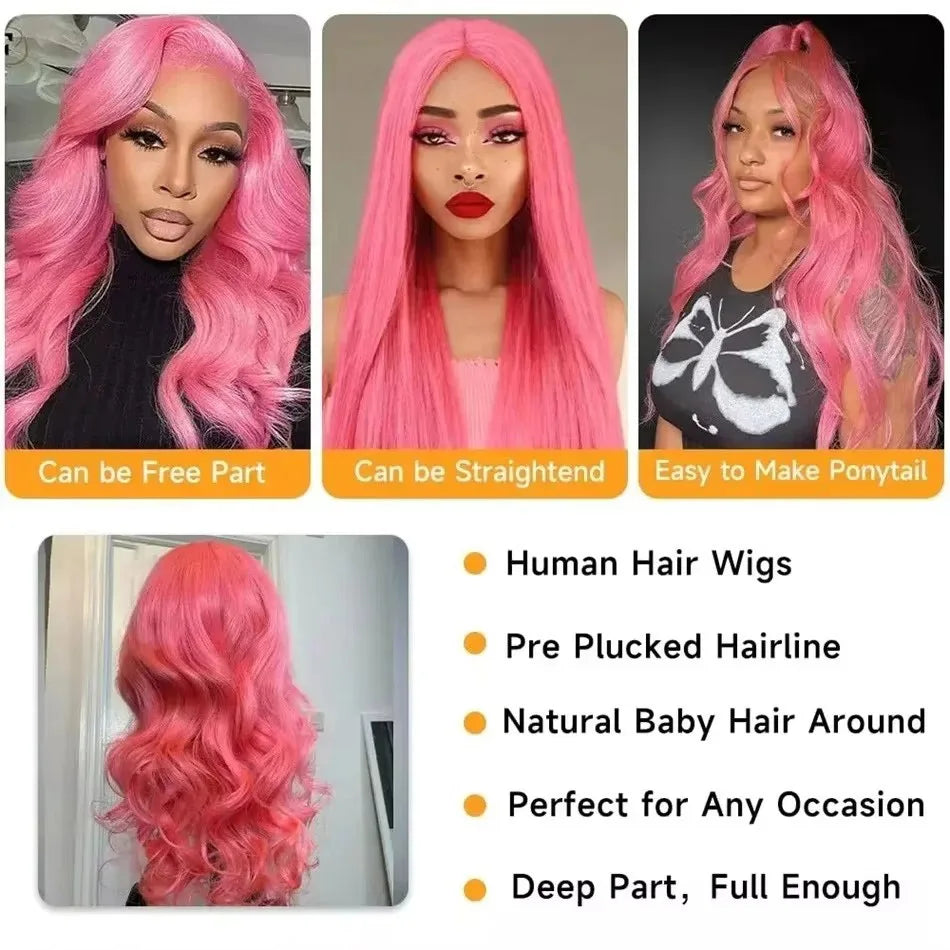 Body Wave Pink Colored Wigs Human Hair HD Lace Frontal Wigs 13X4 13X6 Pre Plucked Natural Hairline Soft Bouncy Lace Front Wigs