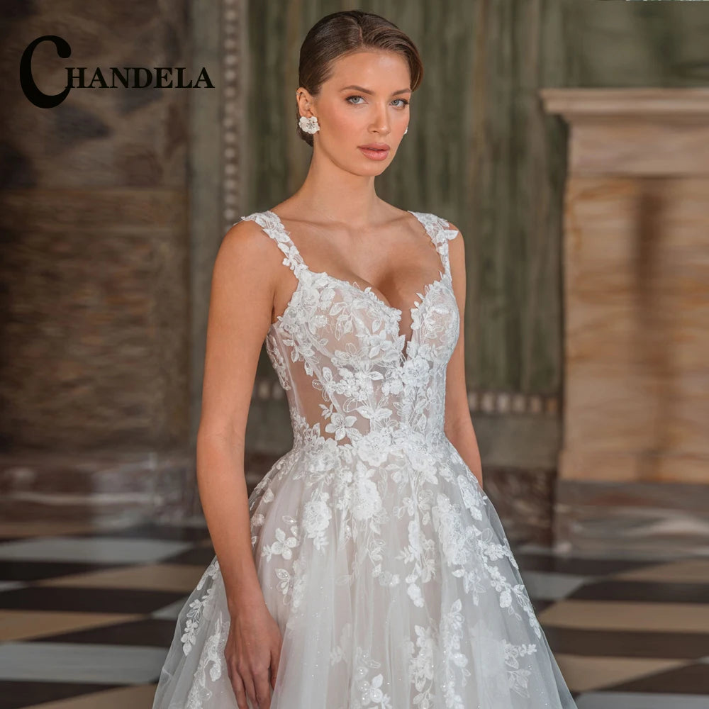 CHANDELA Stylish Appliques Wedding Dress for Bride Sleeveless A-line Tulle Pleats Zipper Vestidos Para Mujer Customised