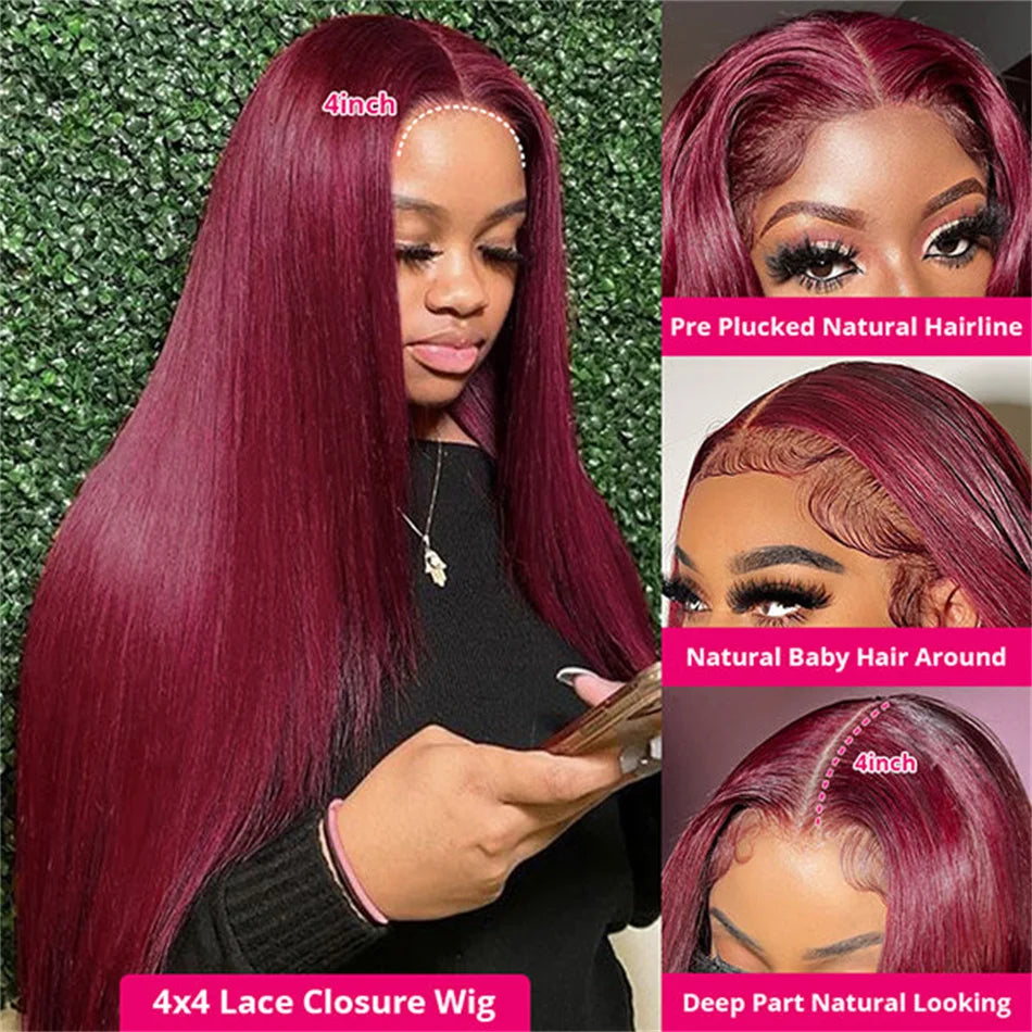 Burgundy Transparent Lace Frontal Human Hair Wig Pre Plucked Red 99J Straight Colored 13x4 Lace Front Human Hair Wigs For Women