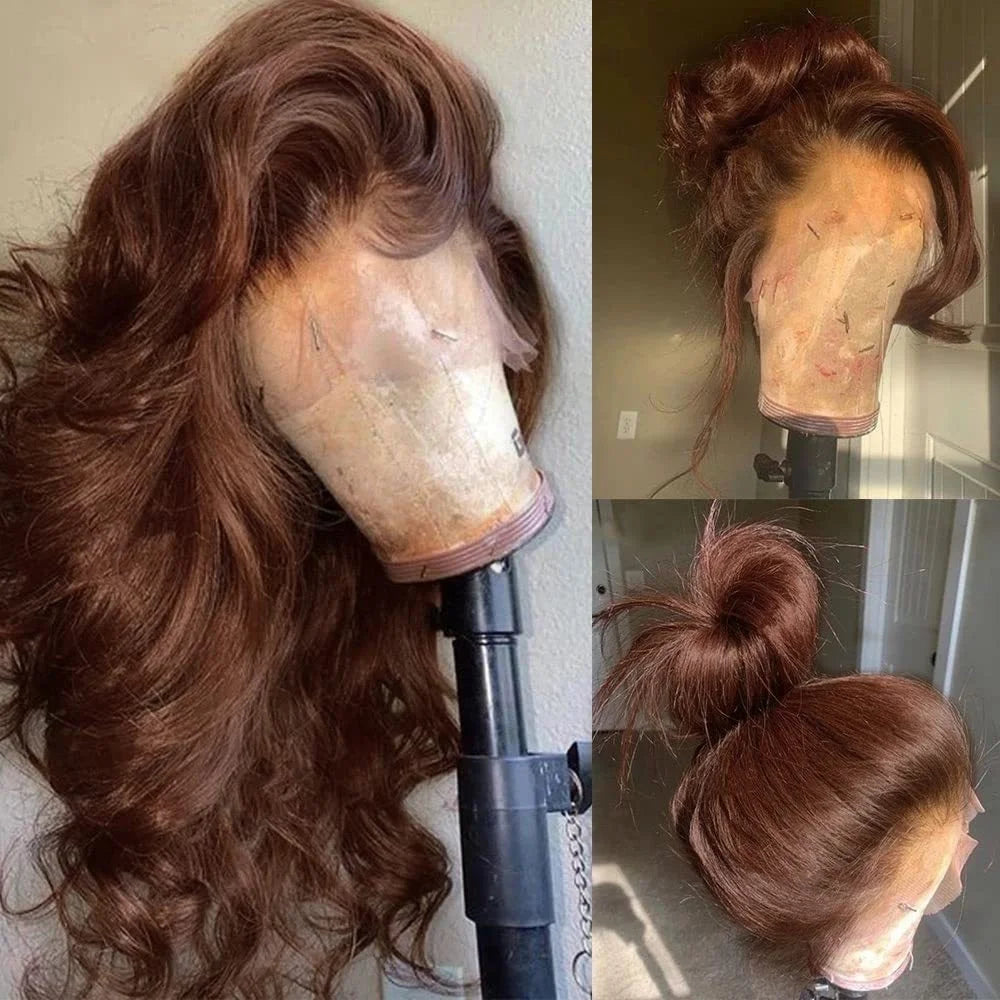 Chocolate Brown Body Wave Lace Front Wigs Human Hair Frontal Lace Wigs 220 Density 30 Inch 13x6 HD Transparent Lace Human Wigs
