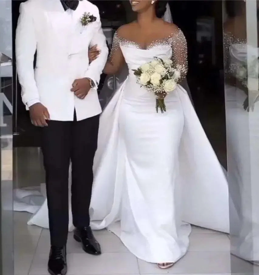 Customized Hot Sale African Wedding Dress Detachable Train Sheer Neck Long Sleeves Heavy Handwork Beads Satin Bride Gowns Vestid