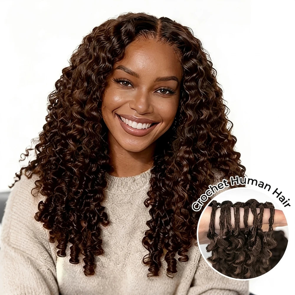Chocolate Brown Burmese Curly Miracle Knots Crochet Human Hair For Braiding 100% Raw Human Hair Feathered Crochet Human Hair