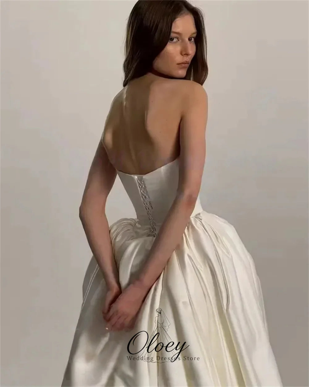 OLOEY Elegant Satin Strapless Wedding Dresses For Woman Customized Pleat A-Line Floor-length Bridal Gown Vestidos De Novia