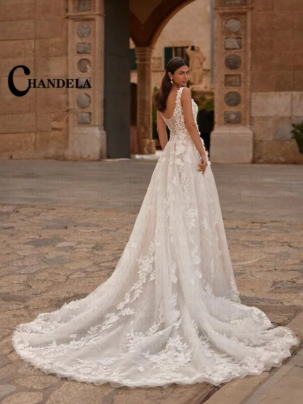 CHANDELA Attractive Wedding Dresses for Brides V Neck Sleeveless A Line Lace Appliques Sweep Train Vestido De Novia Customised