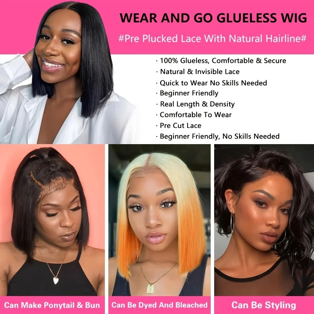 5x5 Glueless Bob Wigs Human Hair Pre Plucked Pre Cut Wear and Go 13x6 HD Lace Front Closure Wig Straight Short Wig 250 Density