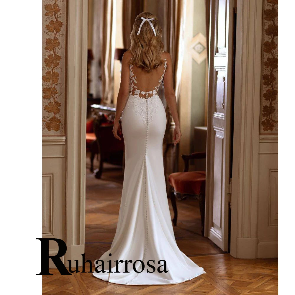 Ruhair Sexy Backless Mermaid Wedding Dresses For Women Appliques Lace V-Neck Tank Button Satin Customized Vestidos De Novia