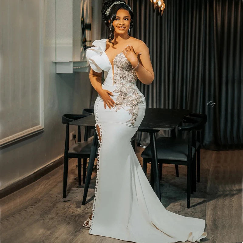 Nigeria Mermaid Wedding Dresses for Bride Sheer Neck Long Sleeve Side Split Ruffles Africa Bridal Reception Gowns Customized