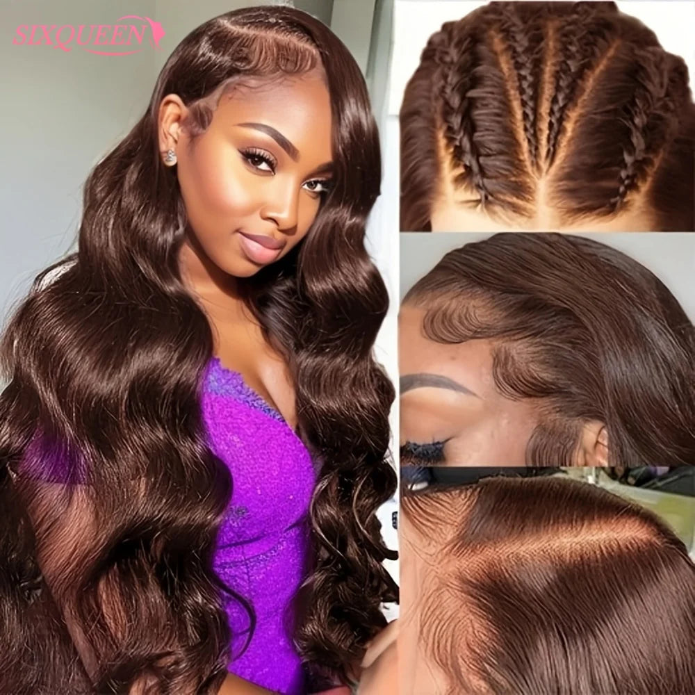Chocolate Brown Body Wave Lace Front Wigs Human Hair Frontal Lace Wigs 220 Density 30 Inch 13x6 HD Transparent Lace Human Wigs