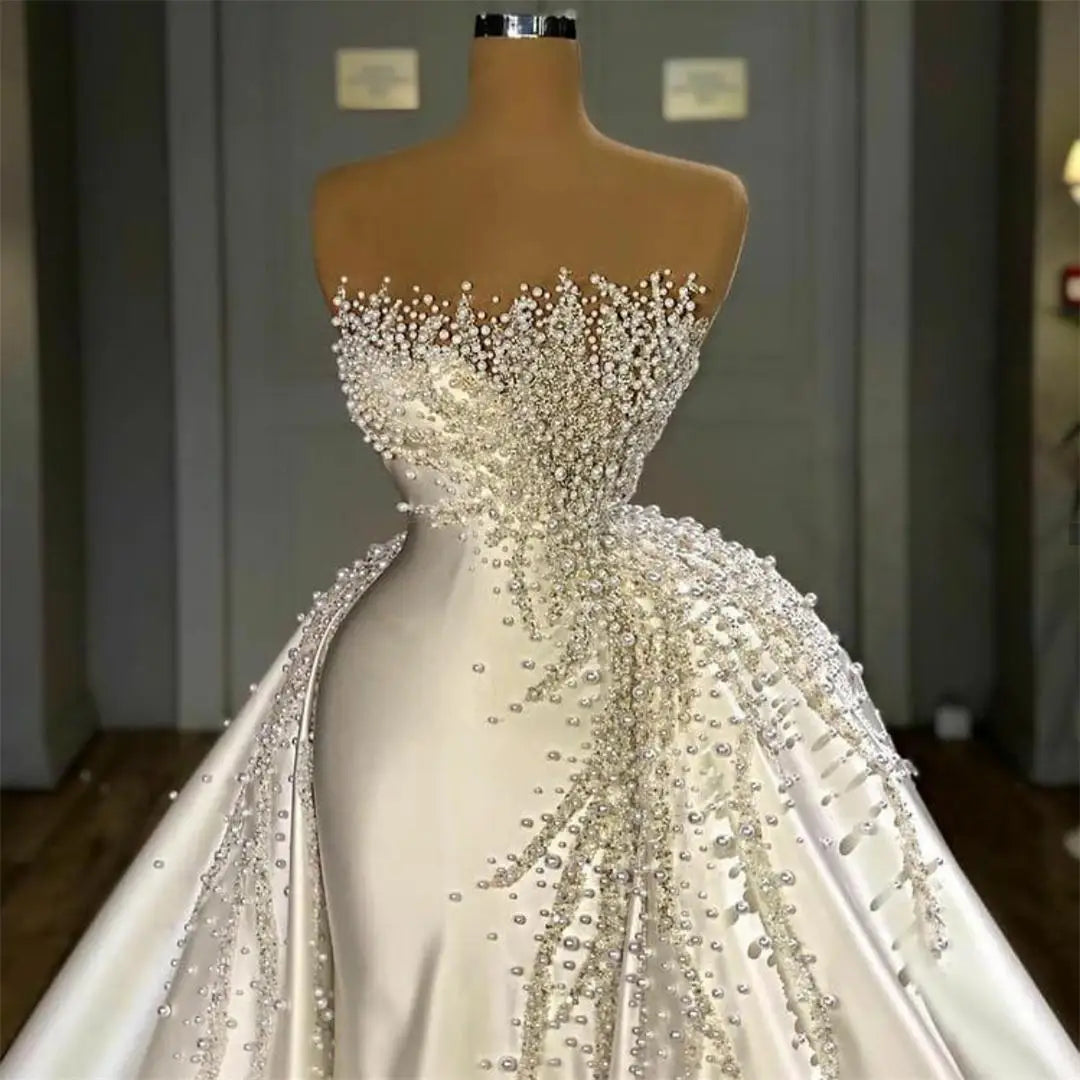 Luxury Satin Pearls Wedding Dresses 2024 Mermaid Beads Crystal Sleeveless with Removable Train Bridal Wedding Gowns Customized