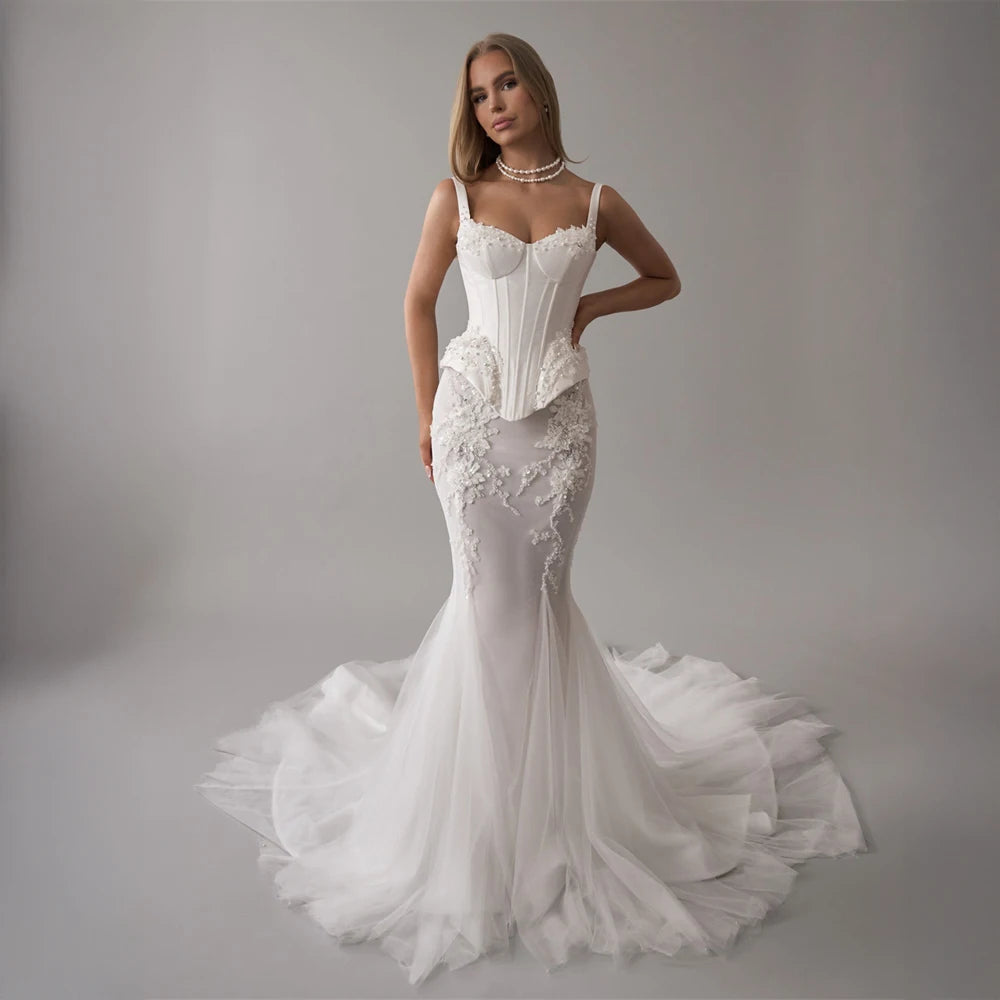 Customized Mermaid Satin Bridal Dress with 3D Lace Details Tulle Overlay Wedding Dress Sparkling Beading vestidos de noche