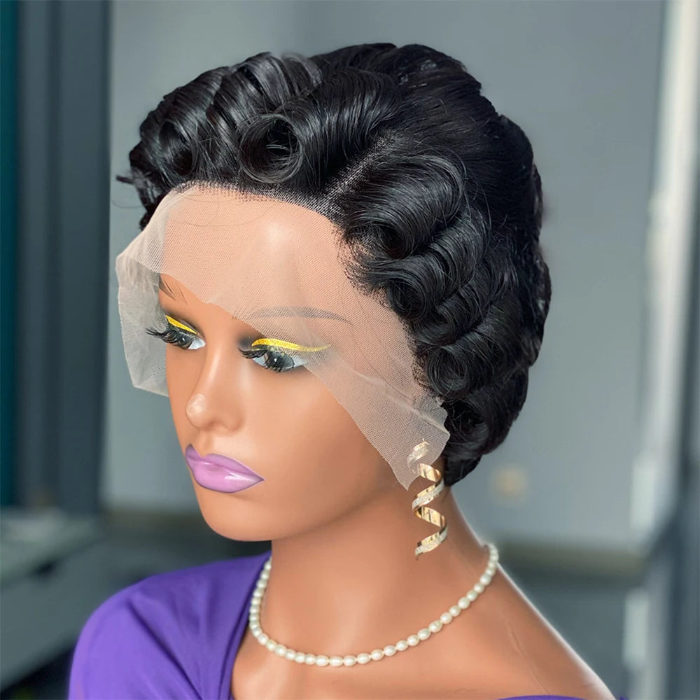 13*4 Lace Front Pixie Wig Human Hair Short Loose Curly Wigs Bouncy Brazilian Hair Left Side Part Remy Hair Lace Wig