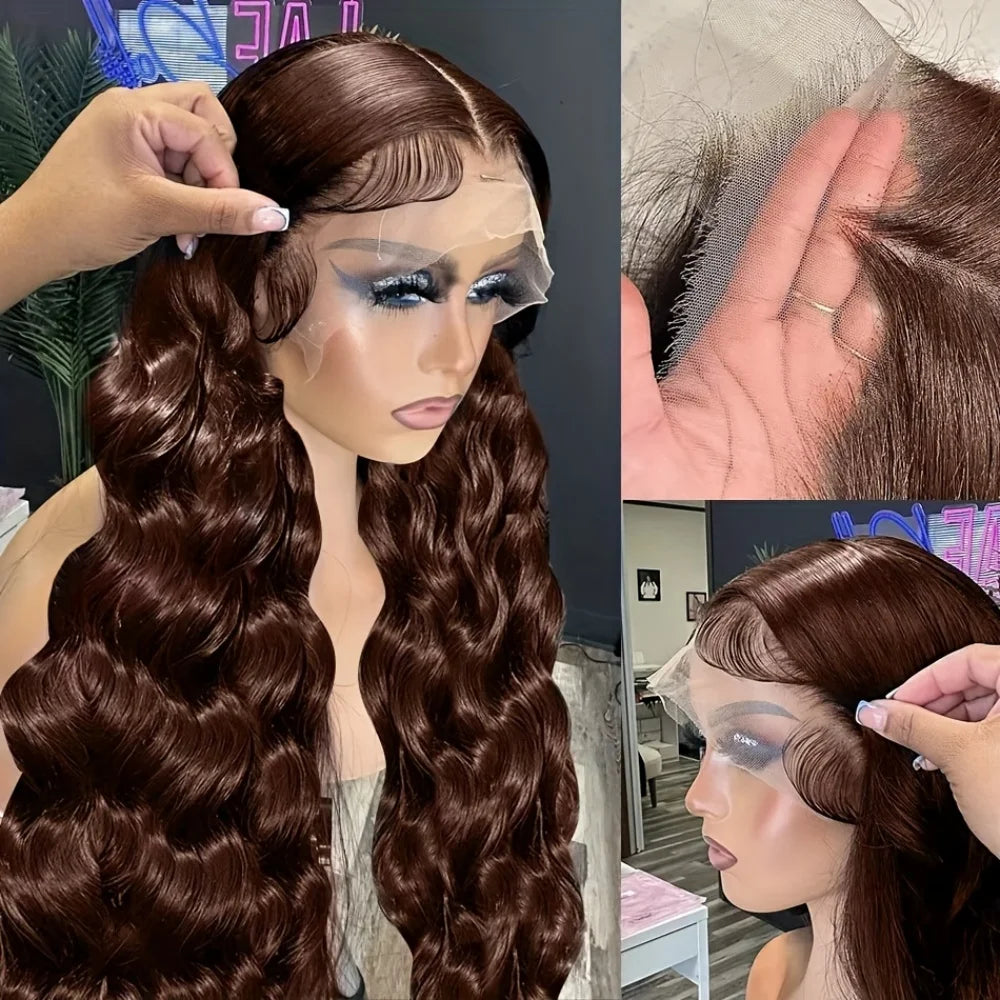 Chocolate Brown Body Wave Lace Front Wigs Human Hair Frontal Lace Wigs 220 Density 30 Inch 13x6 HD Transparent Lace Human Wigs