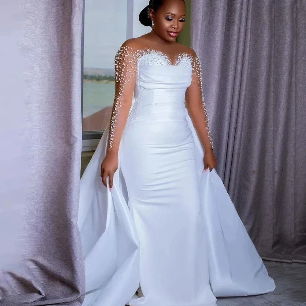 Customized Stunning Shinny Pearls Arabic Aso Ebi Wedding Dress For Bride Illusion Long Sleeve Mermaid Pleated Satin Bridal Gown
