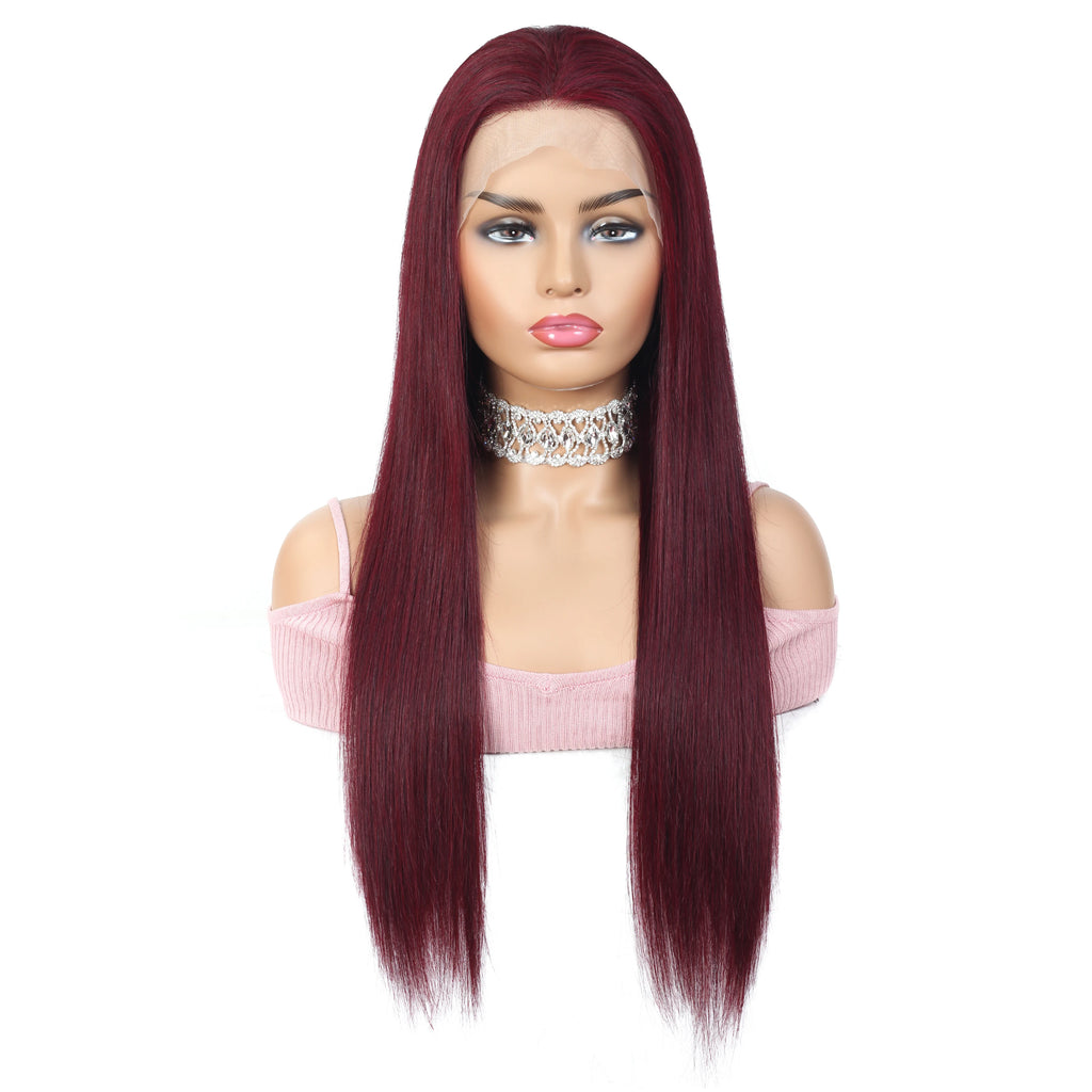 Burgundy Transparent Lace Frontal Human Hair Wig Pre Plucked Red 99J Straight Colored 13x4 Lace Front Human Hair Wigs For Women