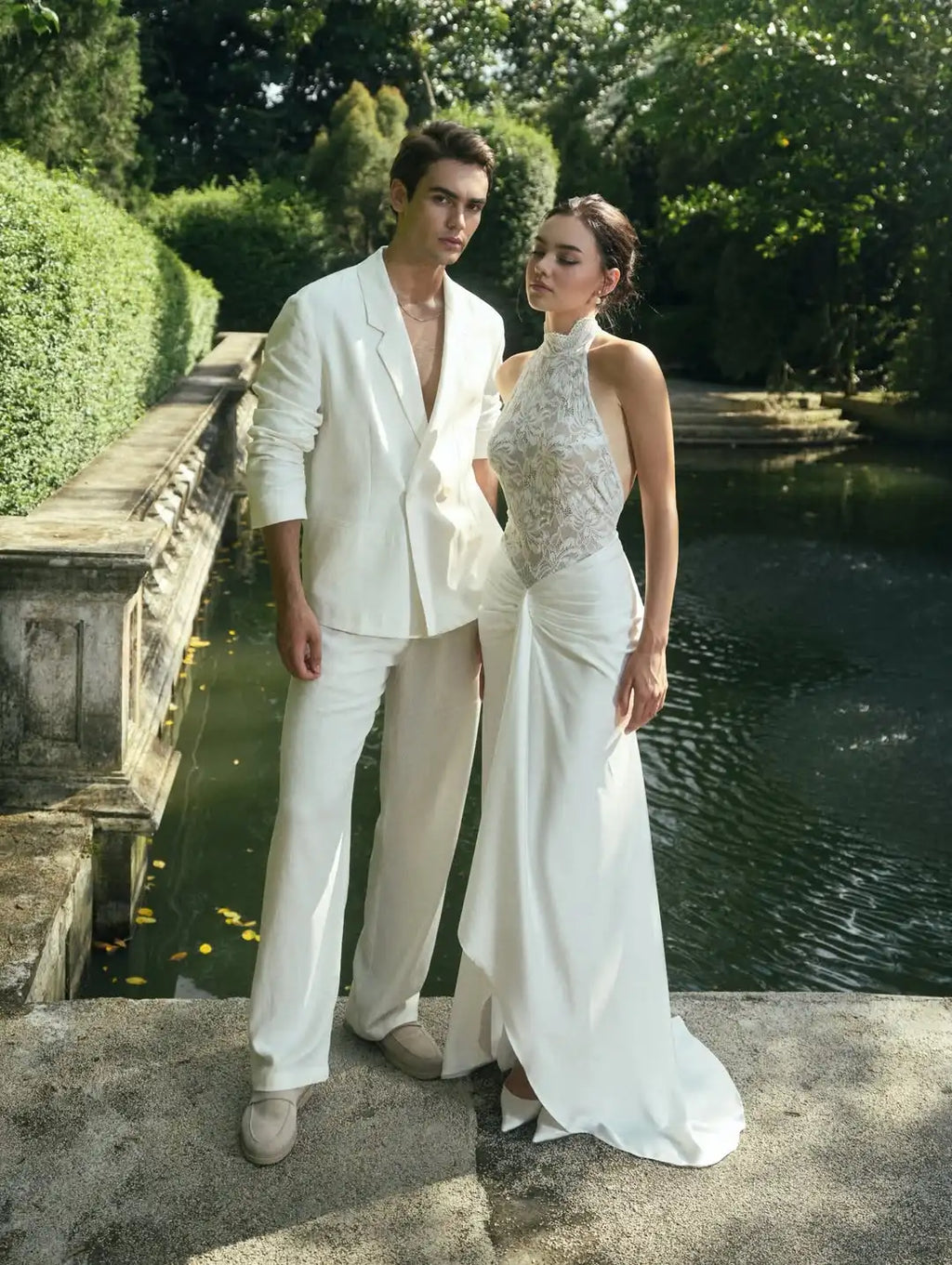 Custom High Neck Halter Lace Satin Mermaid Wedding Dress For Women Deep Open Back Twisted Waist Floor Length Bridal Gown