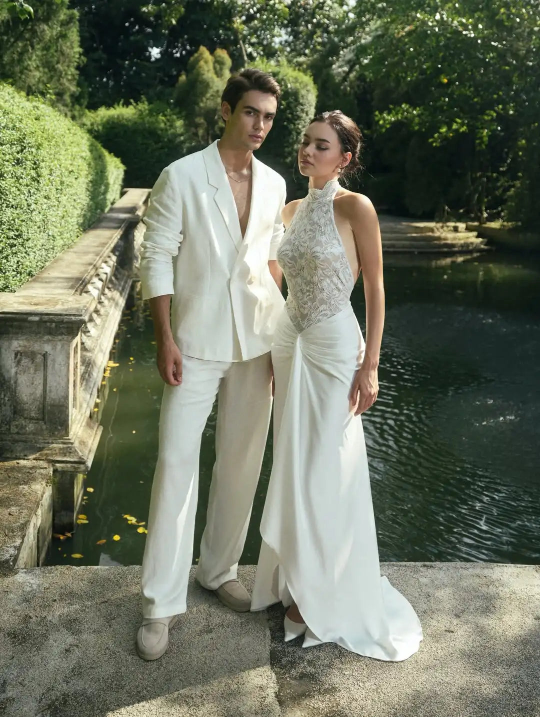 Custom High Neck Halter Lace Satin Mermaid Wedding Dress For Women Deep Open Back Twisted Waist Floor Length Bridal Gown
