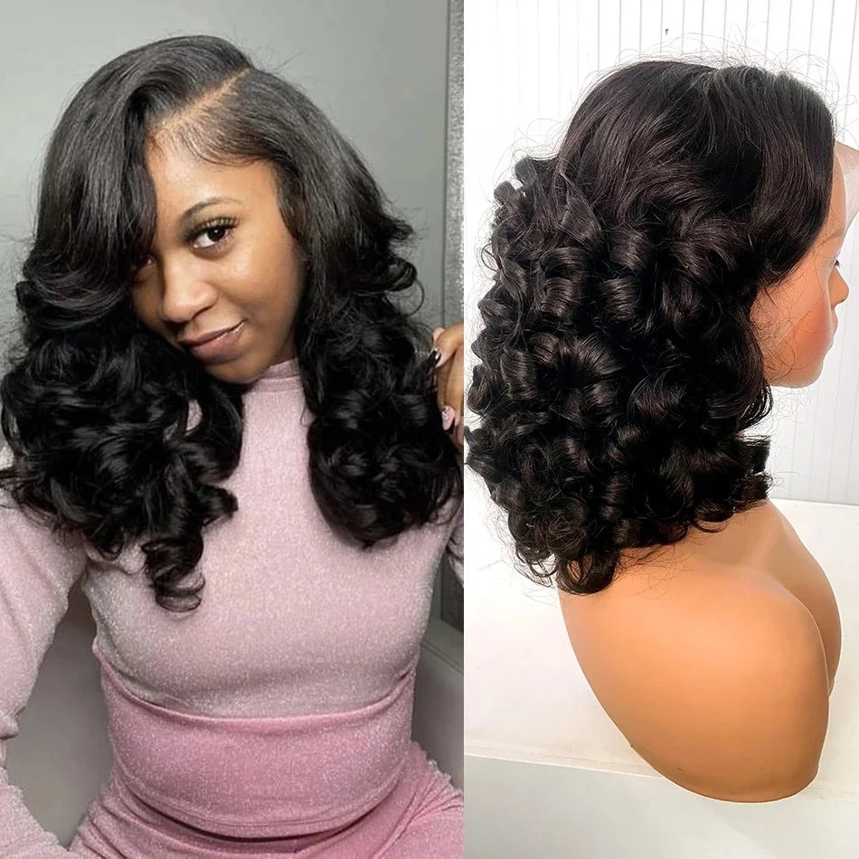 250% Density  14-22Inch 100% Vietname Loose Wave Wig 13x4 Frontal Bouncy Wave Wig with Human Hair Natural Black For Black Women