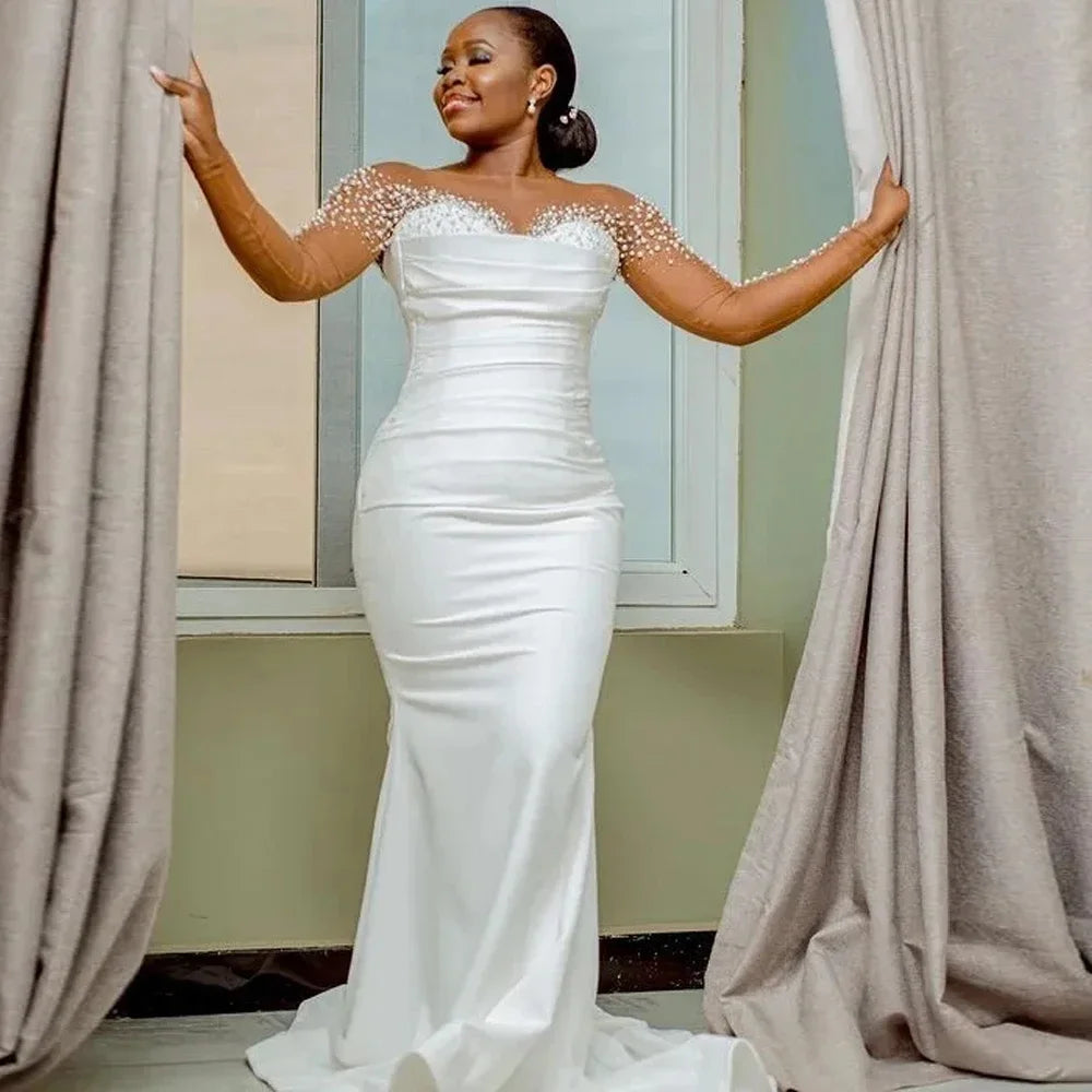 Customized Stunning Shinny Pearls Arabic Aso Ebi Wedding Dress For Bride Illusion Long Sleeve Mermaid Pleated Satin Bridal Gown
