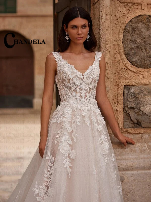 CHANDELA Attractive Wedding Dresses for Brides V Neck Sleeveless A Line Lace Appliques Sweep Train Vestido De Novia Customised